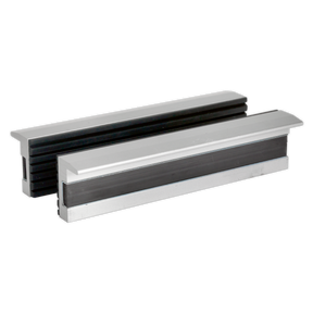 Two Sealey Soft Jaws for Vices - 125mm - VSJ125, one in black and one in silver with an aluminium body, placed parallel to each other on a white background.