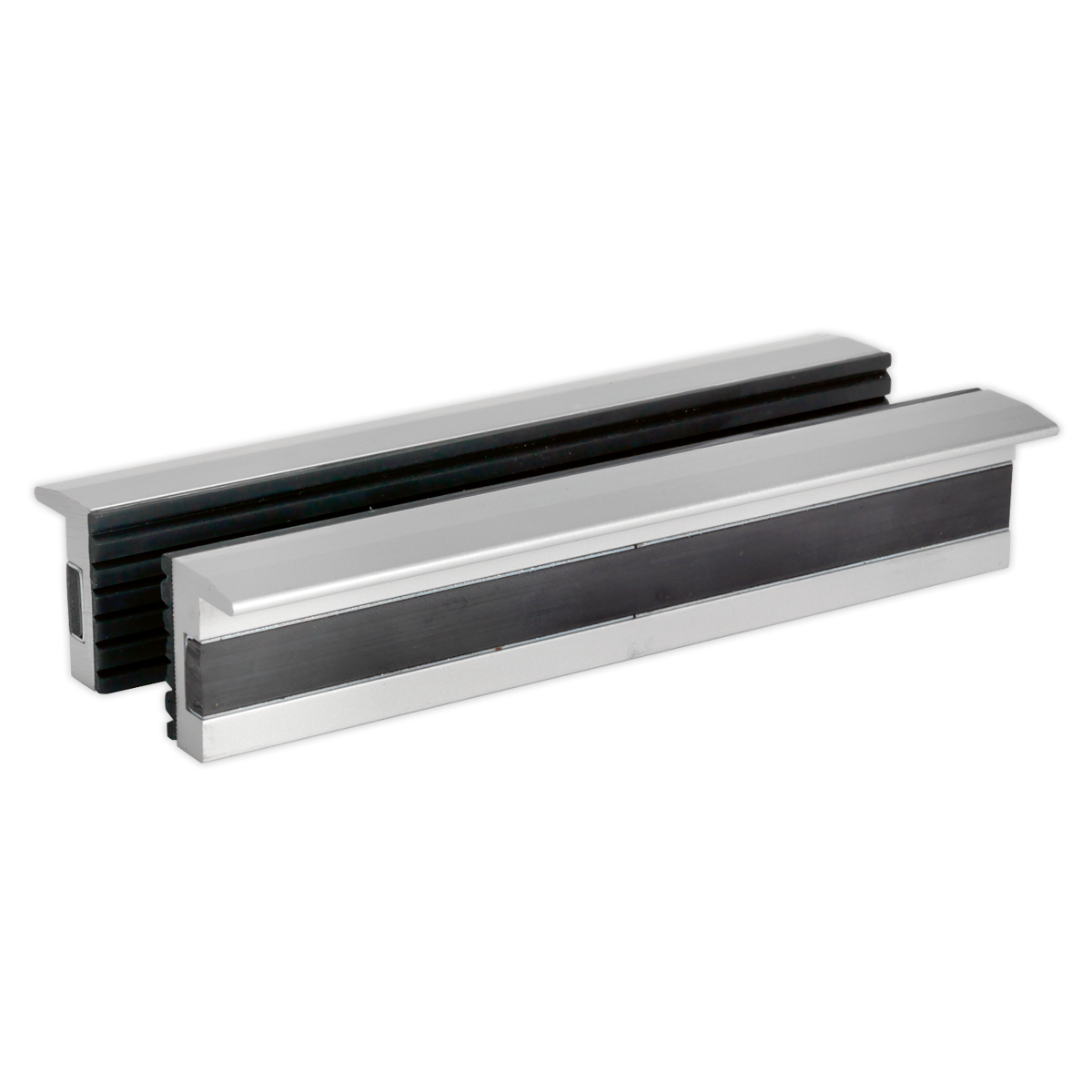 Two Soft Jaws for Vices - 150mm (VSJ150) from Sealey, featuring black and silver finishes with soft rubber fronts, are arranged parallel to each other against a white background.