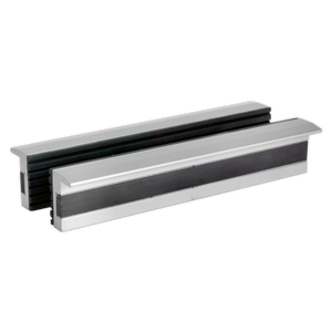 Two Soft Jaws for Vices - 150mm (VSJ150) from Sealey, featuring black and silver finishes with soft rubber fronts, are arranged parallel to each other against a white background.