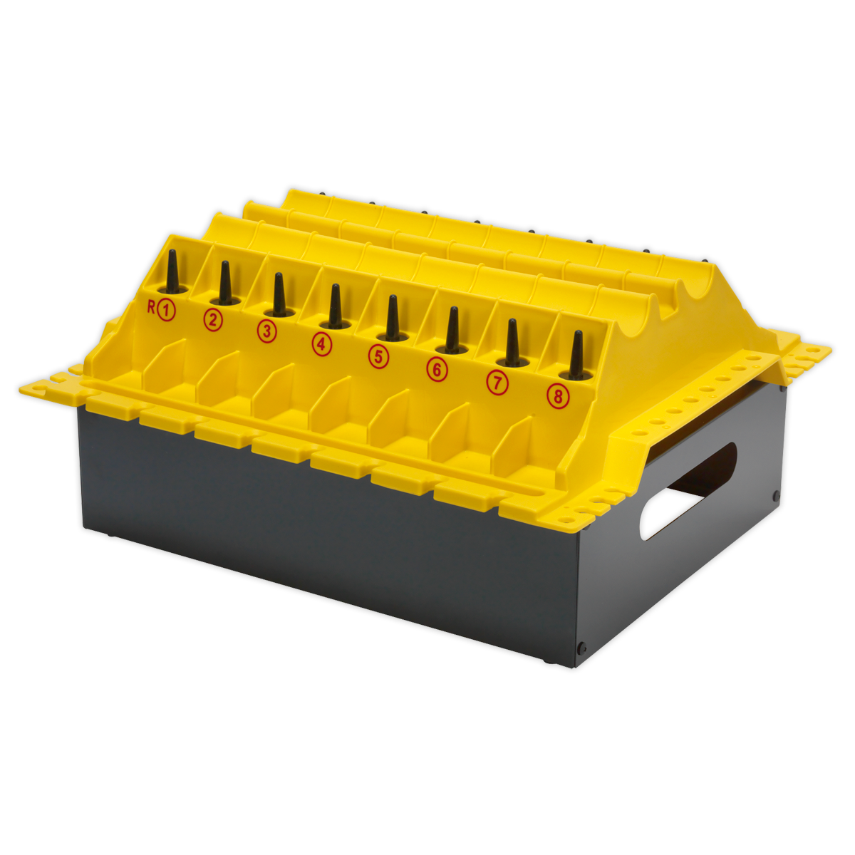 The Sealey Cylinder Head Component Organiser - VSR01, a yellow and black plastic organizer with eight numbered compartments for holding items, is an essential tool designed for industrial or workshop use that saves time during projects like a cylinder head rebuild.