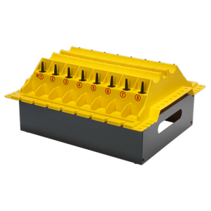 The Sealey Cylinder Head Component Organiser - VSR01, a yellow and black plastic organizer with eight numbered compartments for holding items, is an essential tool designed for industrial or workshop use that saves time during projects like a cylinder head rebuild.