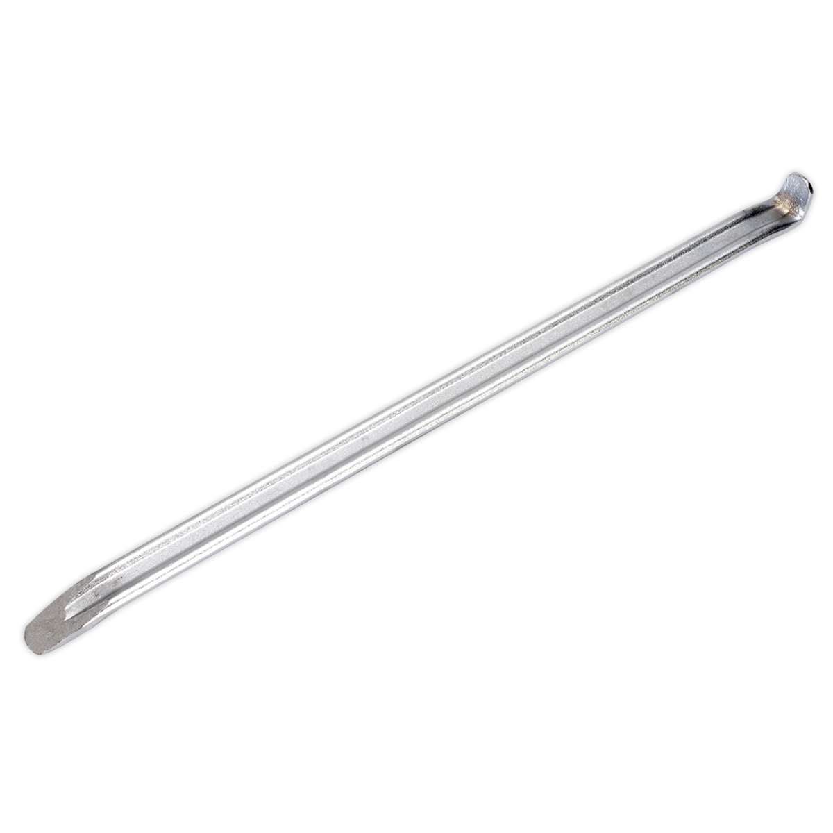 The Sealey Tyre Lever 590mm - VSTL590 is a silver-colored, double-ended flat tire iron made from hardened carbon steel, designed for efficient tire removal and installation.