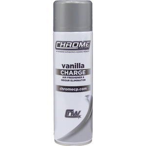 A white aerosol can labeled "JMCE DEALS Chrome - Vanilla Charge Air Freshener & Odour Eliminator" with a gray cap. Website visible: chromecp.com.