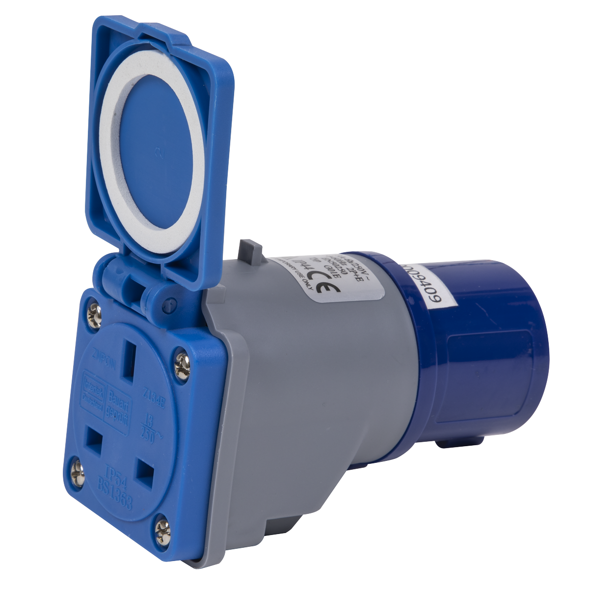 The Sealey Socket Adaptor 16A/13A 230V - W1613PS is a blue and gray industrial electrical outlet with a protective cover in the open position, featuring an IP44 rated design for added safety.