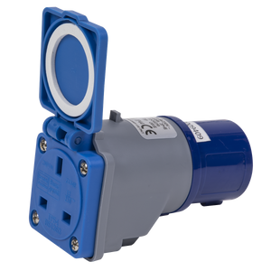 The Sealey Socket Adaptor 16A/13A 230V - W1613PS is a blue and gray industrial electrical outlet with a protective cover in the open position, featuring an IP44 rated design for added safety.