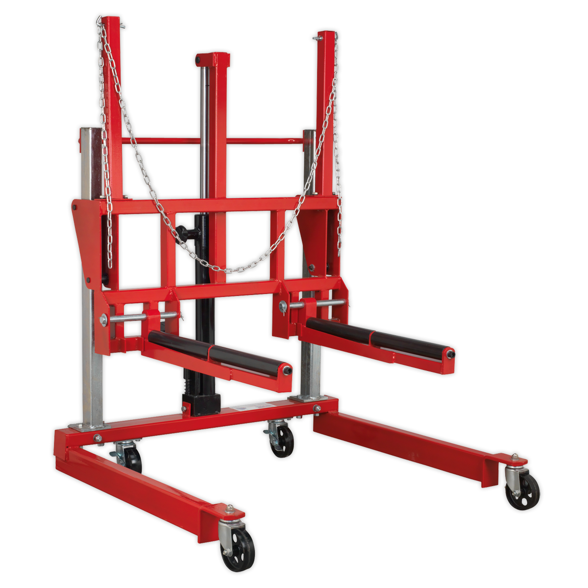 Sealey's Wheel Removal Trolley 500kg Adjustable Width - W508T, with black rollers and an adjustable roller width, is designed for lifting and transporting heavy materials.