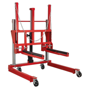 Sealey's Wheel Removal Trolley 500kg Adjustable Width - W508T, with black rollers and an adjustable roller width, is designed for lifting and transporting heavy materials.