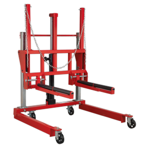 Sealey's Wheel Removal Trolley 500kg Adjustable Width - W508T, with black rollers and an adjustable roller width, is designed for lifting and transporting heavy materials.