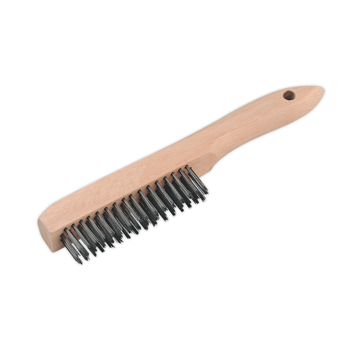 The Sealey Engineer’s Wire Brush with Steel Fill 260mm - WB02 features a wooden handle, sturdy metal bristles, and a convenient hole at the end of the handle for hanging, making it ideal for general-purpose applications.