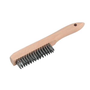 The Sealey Engineer’s Wire Brush with Steel Fill 260mm - WB02 features a wooden handle, sturdy metal bristles, and a convenient hole at the end of the handle for hanging, making it ideal for general-purpose applications.