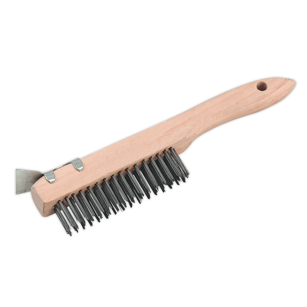 Sealey's Wire Brush with Steel Fill & Scraper 260mm - WB03 features a wooden handle, a steel scraper on the end, and densely packed bristles ideal for general-purpose applications.