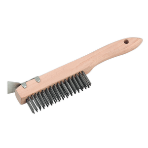 Sealey's Wire Brush with Steel Fill & Scraper 260mm - WB03 features a wooden handle, a steel scraper on the end, and densely packed bristles ideal for general-purpose applications.