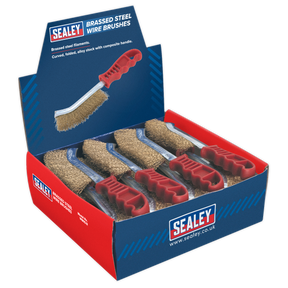 A display box containing 24 Sealey Wire Brush Brassed Steel Plastic Handle brushes.