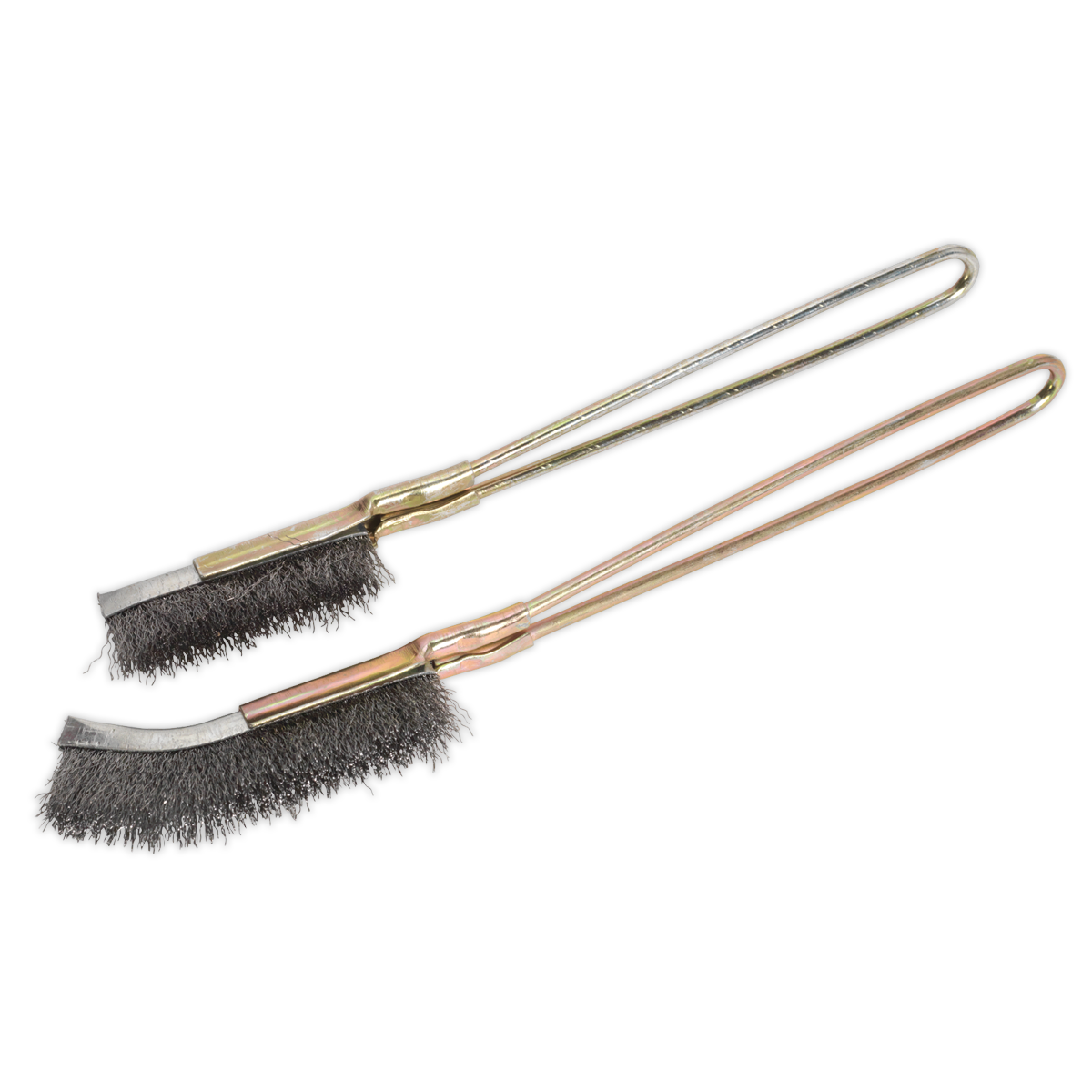 Two Sealey Wire Brush Set 2pc - WB06 brushes with Skeletal handles and crimped steel fill black bristles are shown. The brushes are positioned parallel to each other, ideal for general-purpose applications.