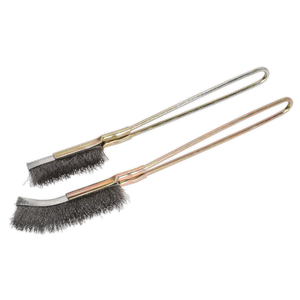 Two Sealey Wire Brush Set 2pc - WB06 brushes with Skeletal handles and crimped steel fill black bristles are shown. The brushes are positioned parallel to each other, ideal for general-purpose applications.