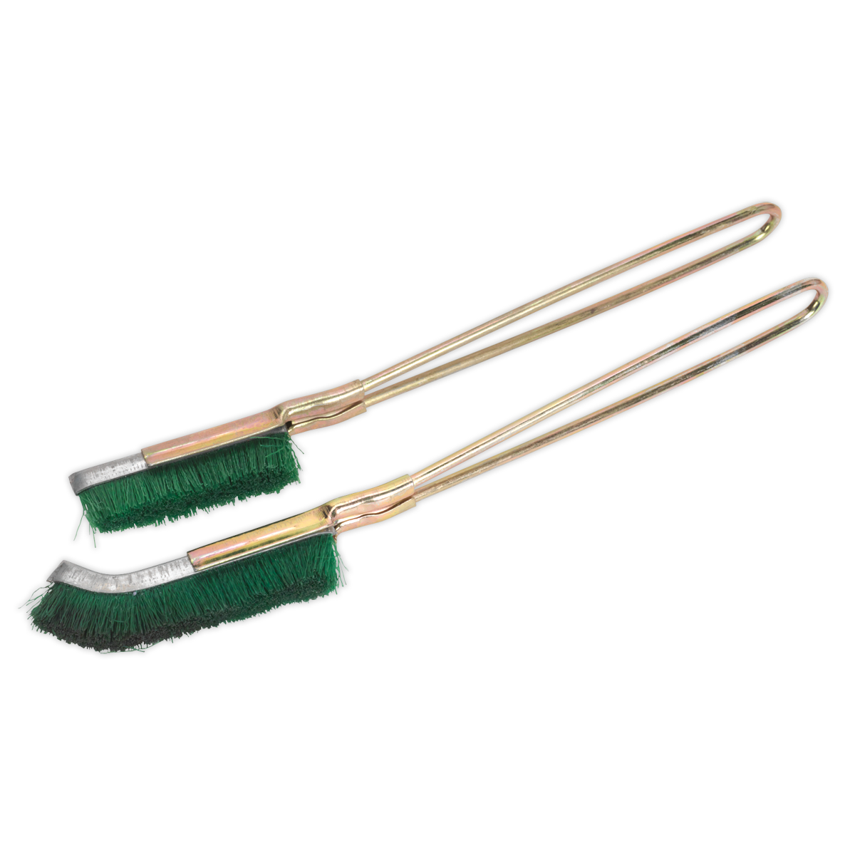 Two Sealey Nylon Brush Set 2pcs (WB06N) with stiff nylon bristles and long, skeletal handles placed side by side on a white background.