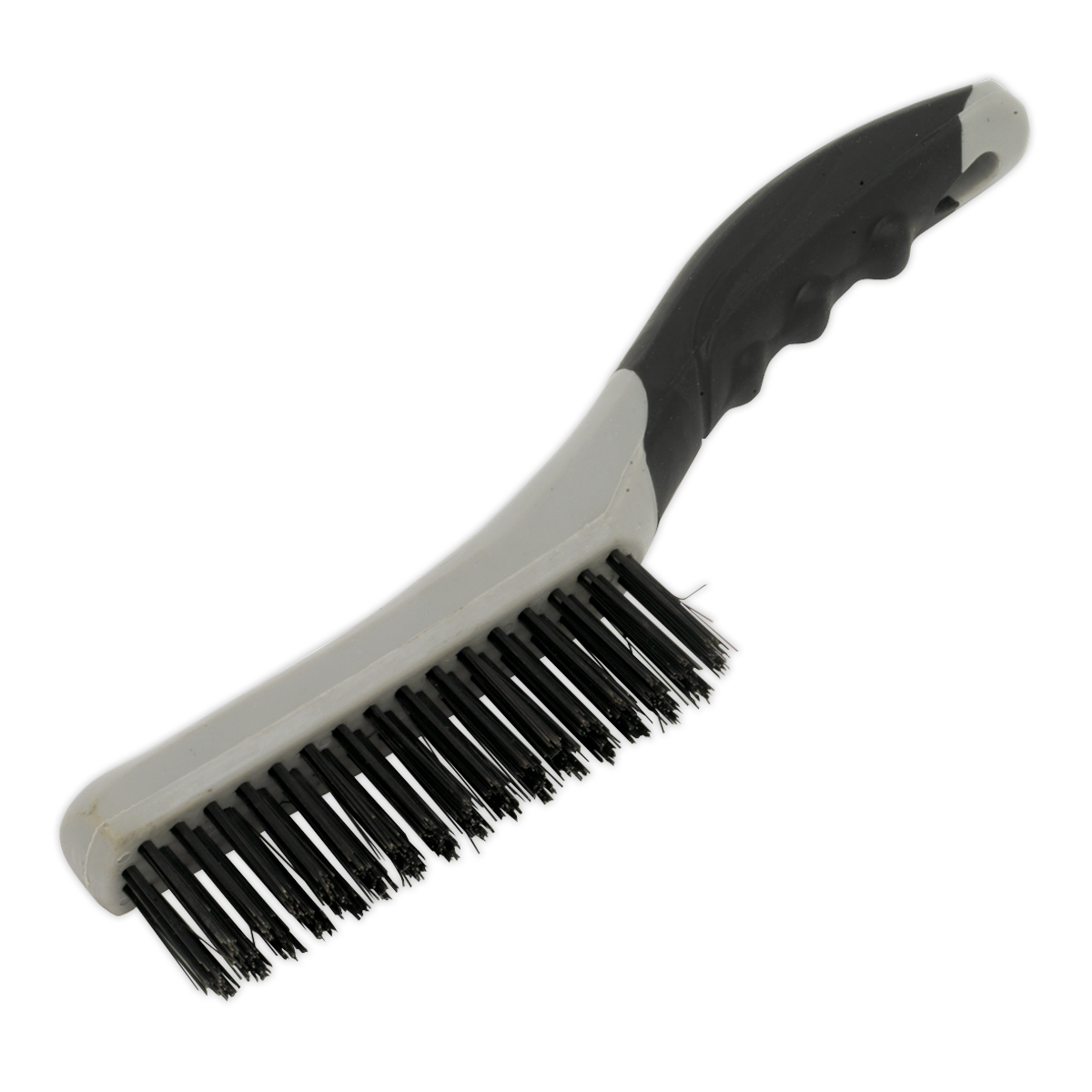 The Sealey WB102 Wire Brush with Steel Fill features a black and grey composite construction, a curved handle, and stiff bristles, making it ideal for general-purpose applications.