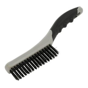 The Sealey WB102 Wire Brush with Steel Fill features a black and grey composite construction, a curved handle, and stiff bristles, making it ideal for general-purpose applications.