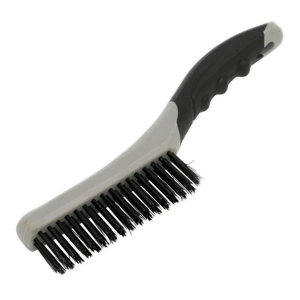 The Sealey WB102 Wire Brush with Steel Fill features a black and grey composite construction, a curved handle, and stiff bristles, making it ideal for general-purpose applications.