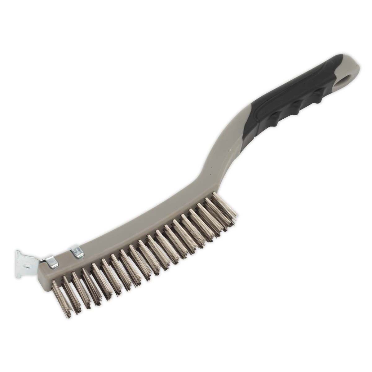 The Sealey Wire Brush with Stainless Steel Fill & Scraper - WB105 features a contoured soft grip handle, black in color, with a stainless steel wire brush and metal scraper at the end.