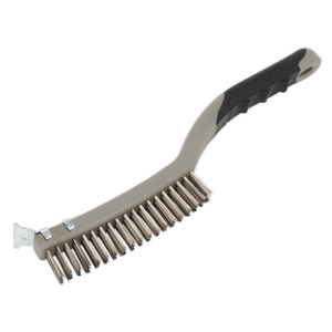 The Sealey Wire Brush with Stainless Steel Fill & Scraper - WB105 features a contoured soft grip handle, black in color, with a stainless steel wire brush and metal scraper at the end.