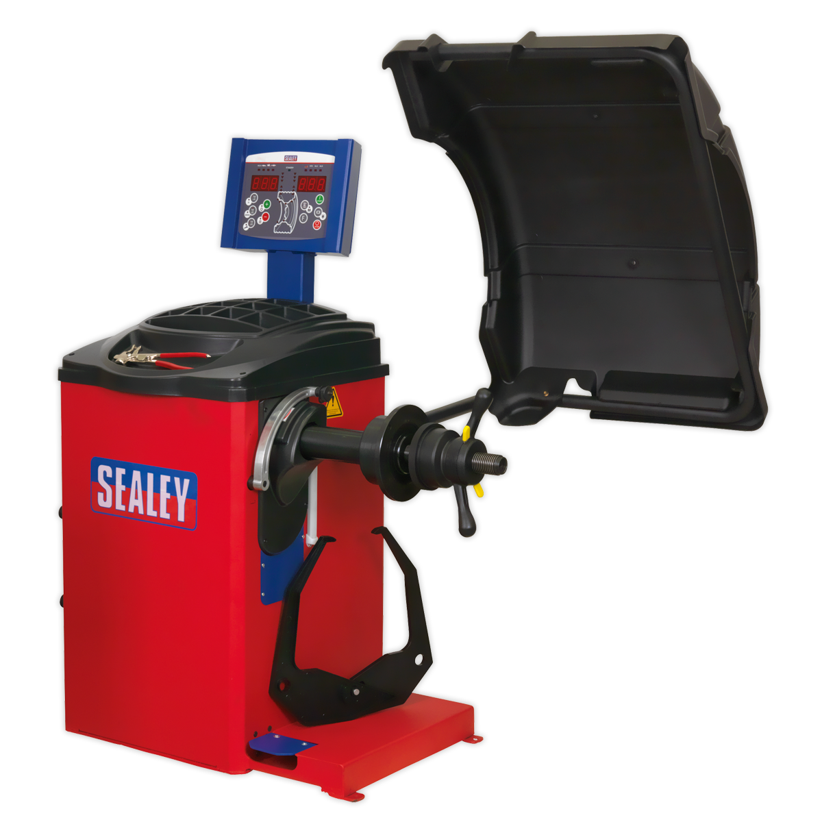 A Sealey Wheel Balancer - Semi-Automatic - WB10 with a digital control panel, featuring auto data input and a protective cover attached, in red and black.