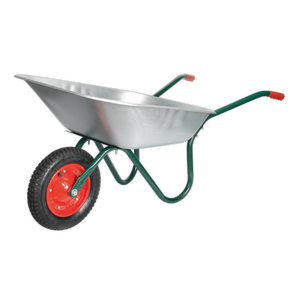 The Sealey Wheelbarrow 65L Galvanized - WB65, featuring a single wheel and red handles, is shown.