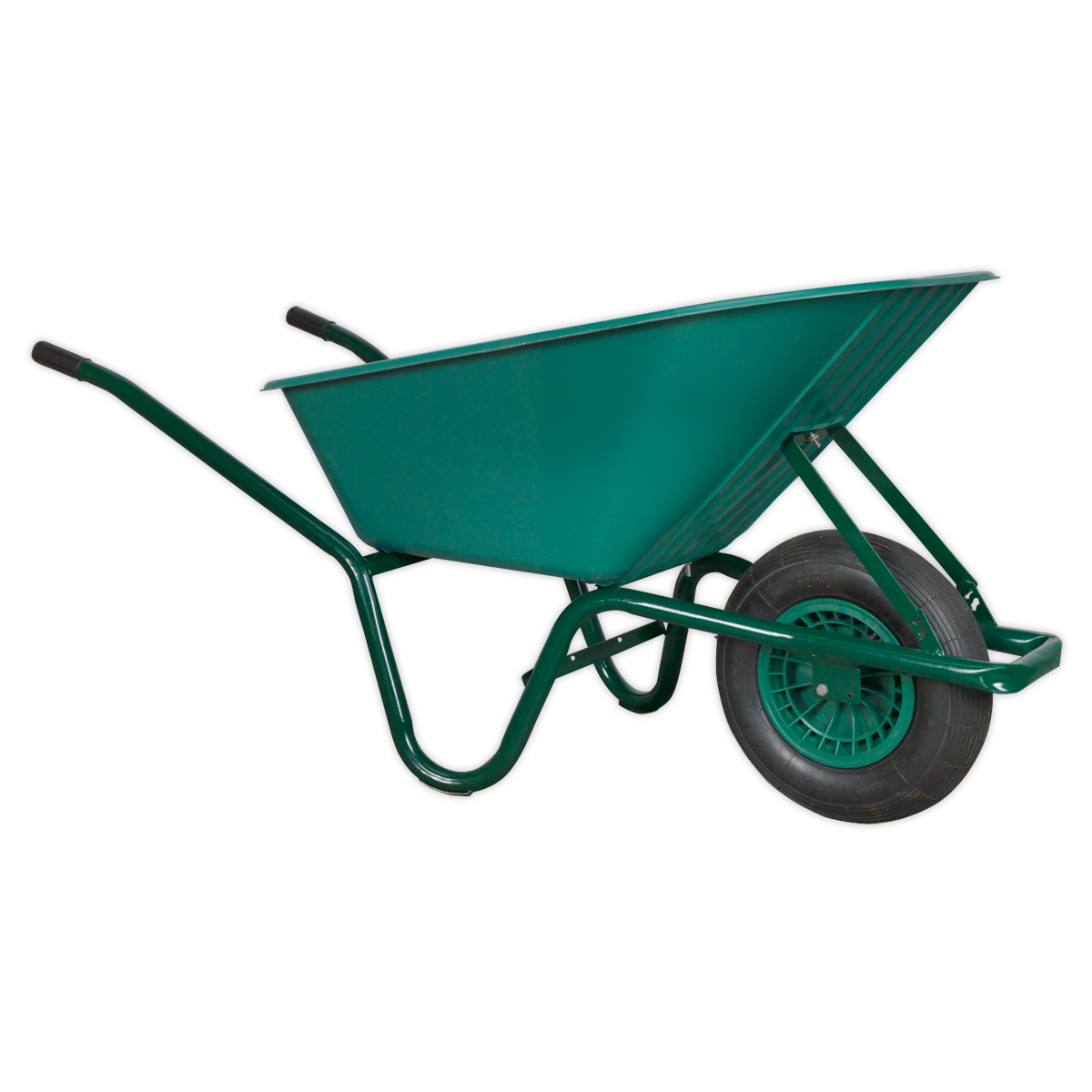 The Sealey Wheelbarrow 85L - WB85 is a green wheelbarrow with a single wheel and black handles, featuring a durable tubular steel frame for transporting materials in construction or gardening.