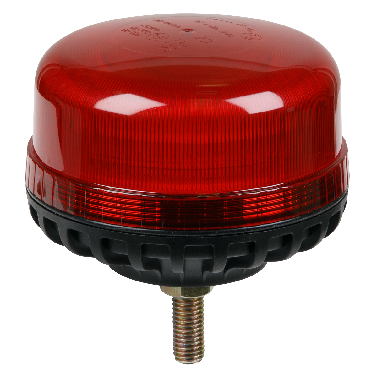 The Sealey Warning Beacon SMD LED 12/24V with a 12mm bolt fixing, model WB951LEDR, features high power LEDs compliant with ECE R65 regulations. It has a black base and a metal mounting screw at the bottom and comes in red.