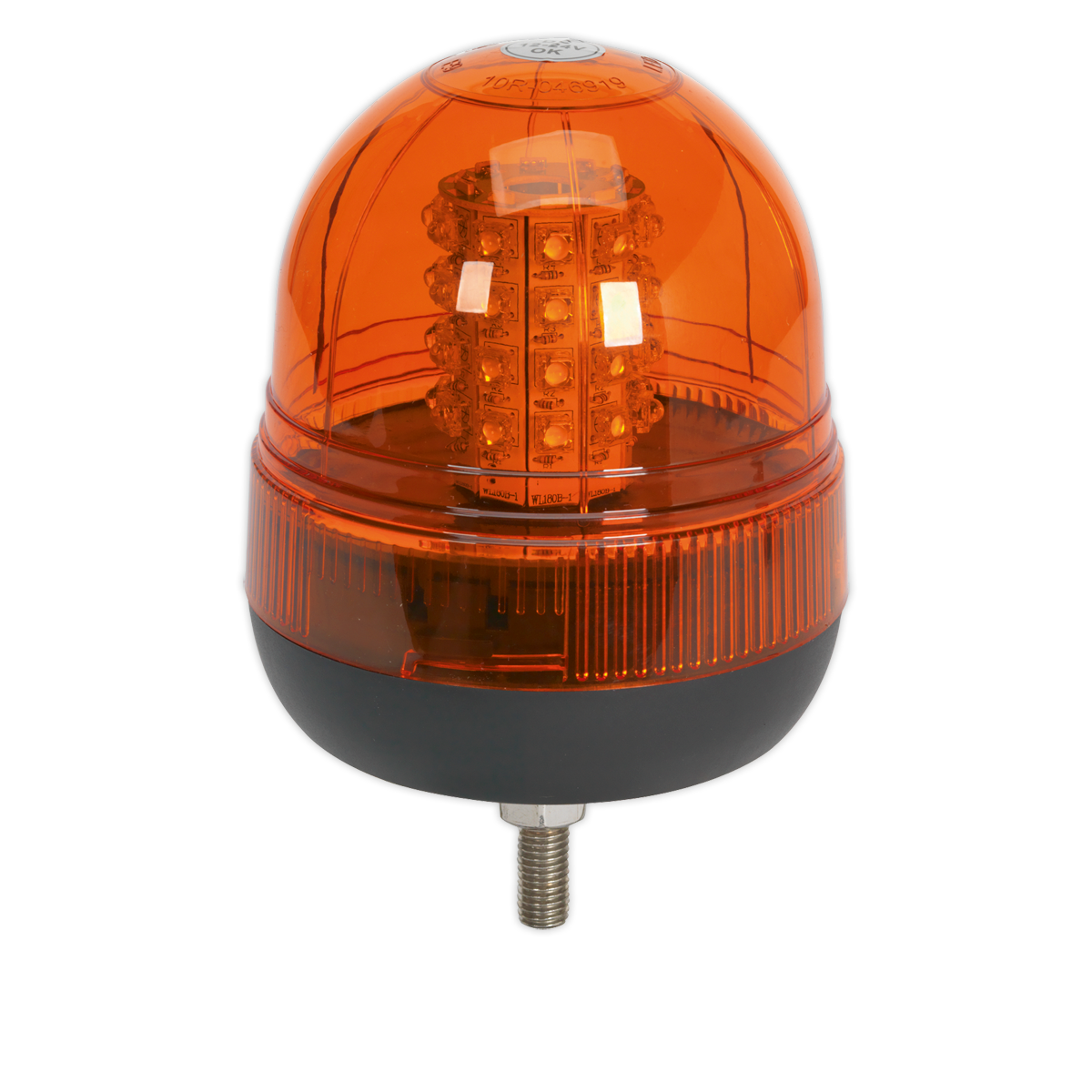 The Sealey Warning Beacon 40 LED 12/24V, model WB951LED, features a powerful orange LED beacon light with a black base and mounting screw. It is equipped with a 20W SMD LED array for efficient signaling or warning purposes. This single point mounting beacon also offers versatile use through its 3-function control.