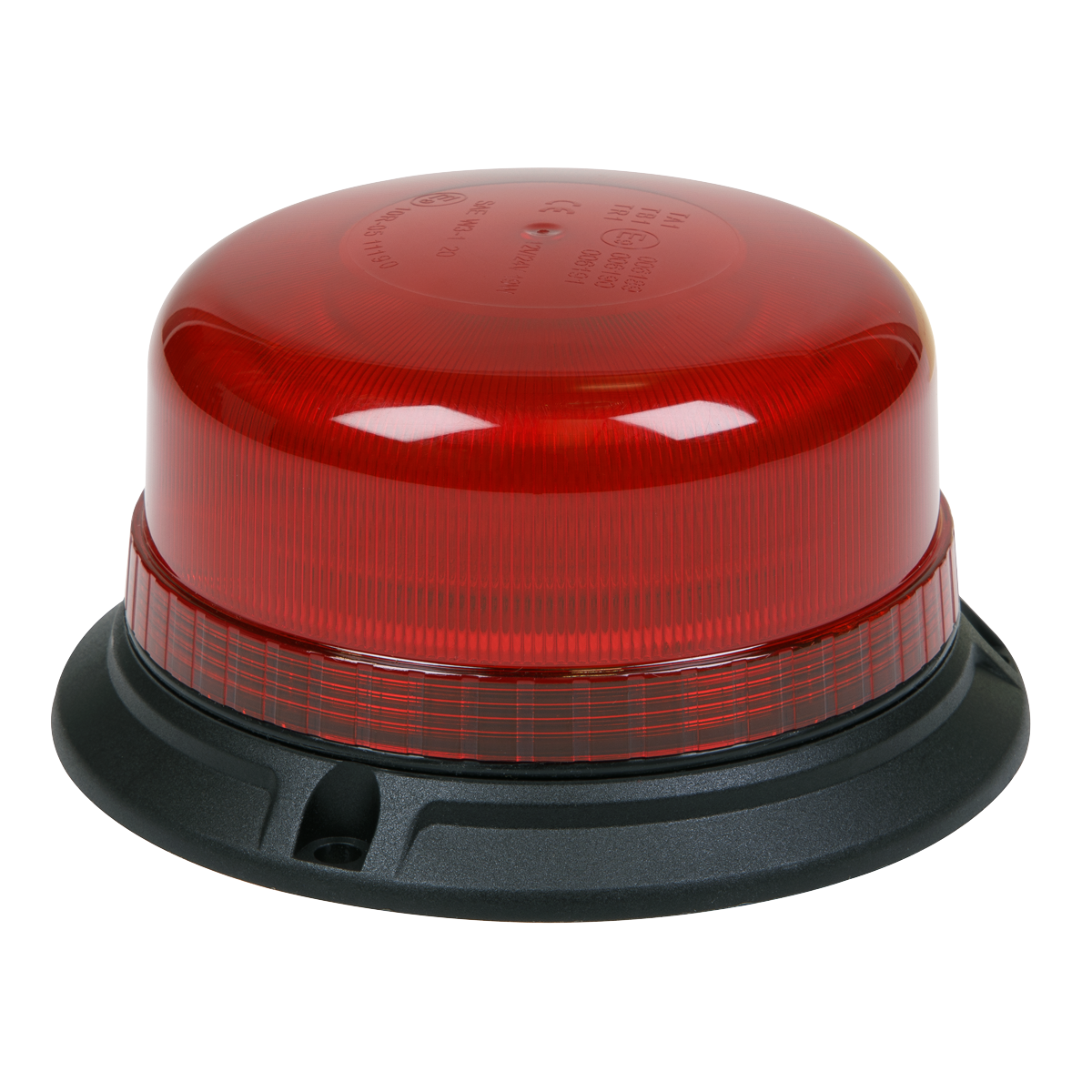 The Sealey Warning Beacon SMD LED 12/24V 3 x 6.5mm Bolt Fixing - Red (model WB952LEDR) is a high-power red emergency beacon light featuring a black base and a 3-point mounting system.