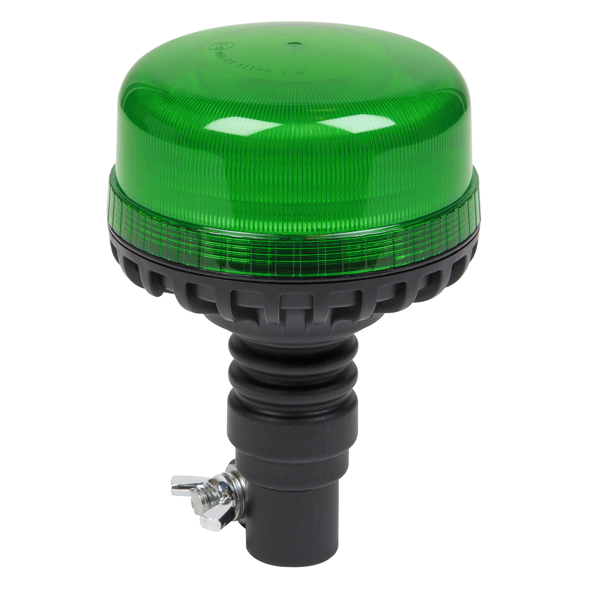 The Sealey Warning Beacon SMD LED 12/24V Flexible Spigot Fixing - Green - WB955LEDG, featuring high power SMD LEDs, comes with a black base and mounting hardware, designed for safety and signaling purposes.