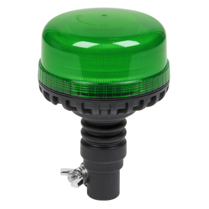 The Sealey Warning Beacon SMD LED 12/24V Flexible Spigot Fixing - Green - WB955LEDG, featuring high power SMD LEDs, comes with a black base and mounting hardware, designed for safety and signaling purposes.