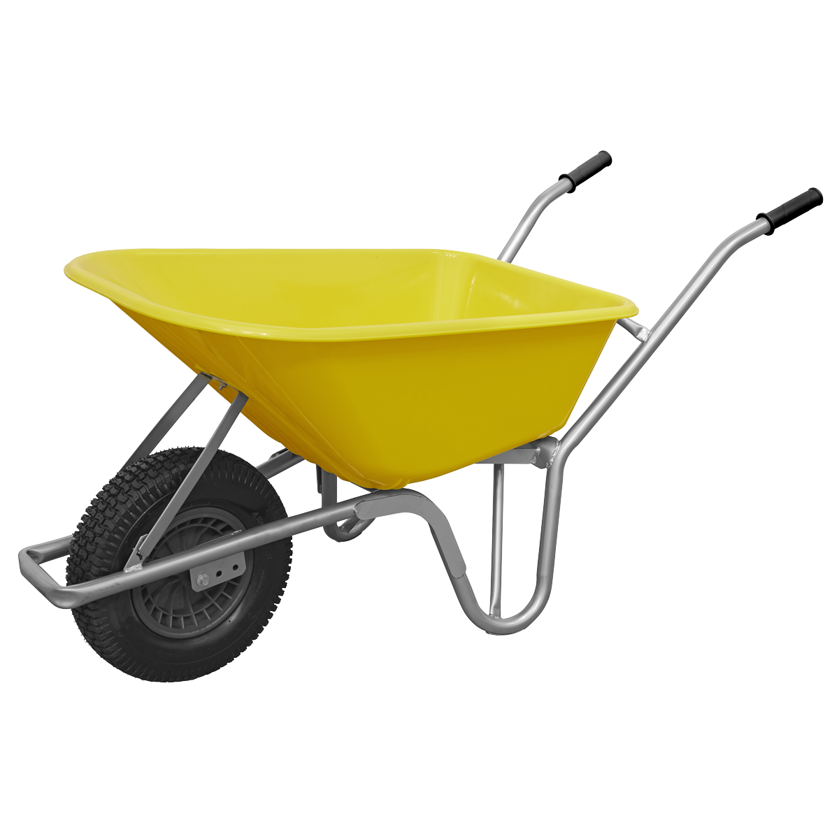 The Sealey Wheelbarrow 100L Heavy Duty - WBR01 boasts a strong tubular steel frame, a yellow body, a single black pneumatic tyre, and metal handles, all showcased against a white background.