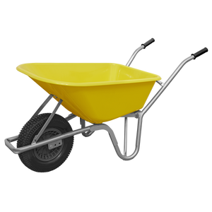 The Sealey Wheelbarrow 100L Heavy Duty - WBR01 boasts a strong tubular steel frame, a yellow body, a single black pneumatic tyre, and metal handles, all showcased against a white background.