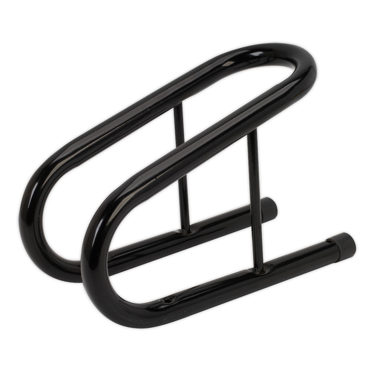 The Sealey Motorcycle Wheel Chock 95mm - WC06 is a black, U-shaped metal bike rack featuring a double-loop design and heavy-duty tubular frame for securing bicycles.