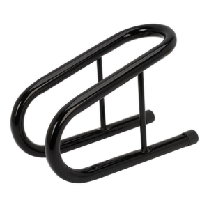 The Sealey Motorcycle Wheel Chock 95mm - WC06 is a black, U-shaped metal bike rack featuring a double-loop design and heavy-duty tubular frame for securing bicycles.