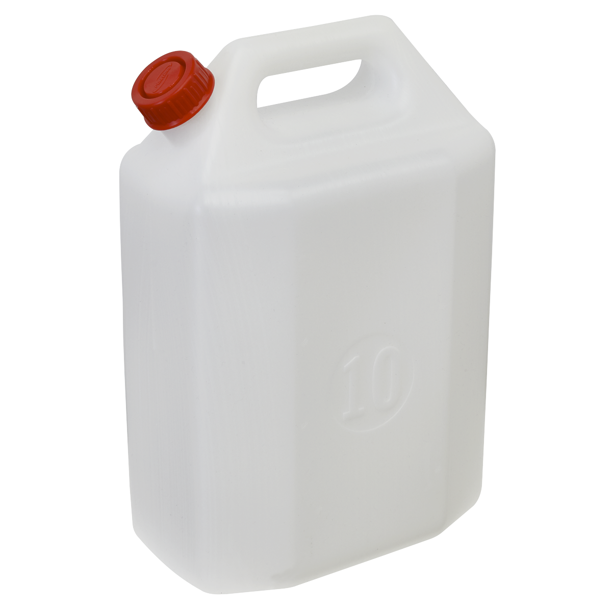 The Sealey Water Container 10L - WC10 is a white, rectangular plastic water container with a capacity of 10 liters. It is made from food-grade polyethylene and features a red screw cap along with a built-in handle near the top for easy carrying.