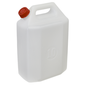 The Sealey Water Container 10L - WC10 is a white, rectangular plastic water container with a capacity of 10 liters. It is made from food-grade polyethylene and features a red screw cap along with a built-in handle near the top for easy carrying.