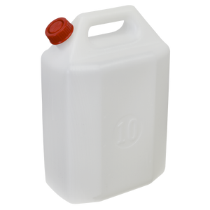 The Sealey Water Container 10L - WC10 is a white, rectangular plastic water container with a capacity of 10 liters. It is made from food-grade polyethylene and features a red screw cap along with a built-in handle near the top for easy carrying.