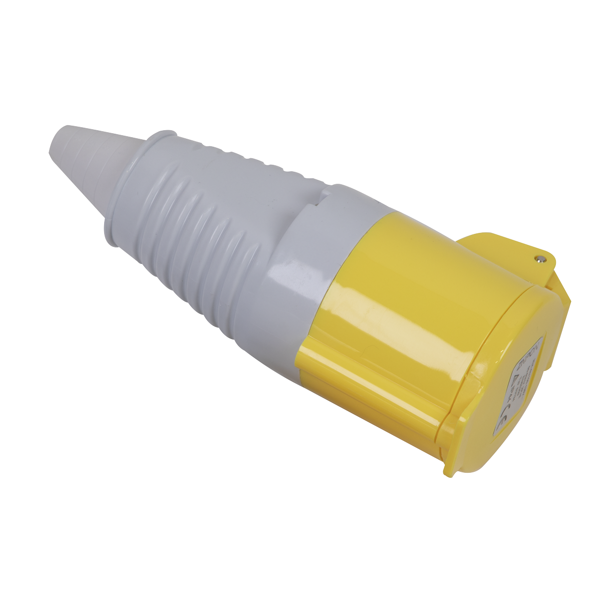 Introducing the Sealey Yellow Socket 110V 32A - WC11032, an industrial-grade electrical plug featuring a yellow and white cylindrical casing and a ribbed conical connector. This robust plug is designed with 2P+E connectors, perfect for 110V sockets, and boasts an IP44 rating for enhanced protection.