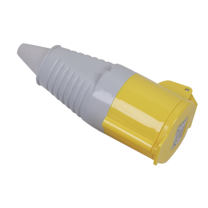 Introducing the Sealey Yellow Socket 110V 32A - WC11032, an industrial-grade electrical plug featuring a yellow and white cylindrical casing and a ribbed conical connector. This robust plug is designed with 2P+E connectors, perfect for 110V sockets, and boasts an IP44 rating for enhanced protection.