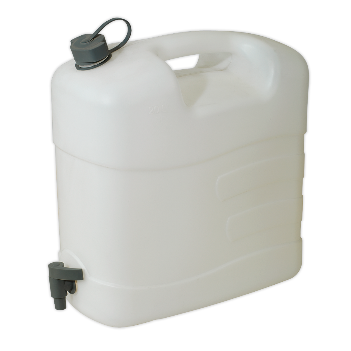 Presenting the Sealey Fluid Container 20L with Tap - WC20T: a white, 20-liter polyethylene container featuring a handle, a top screw cap, and a gray spigot at the bottom for effortless fluid control. Crafted from food-grade approved materials for your safety.