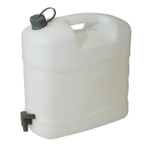 Presenting the Sealey Fluid Container 20L with Tap - WC20T: a white, 20-liter polyethylene container featuring a handle, a top screw cap, and a gray spigot at the bottom for effortless fluid control. Crafted from food-grade approved materials for your safety.