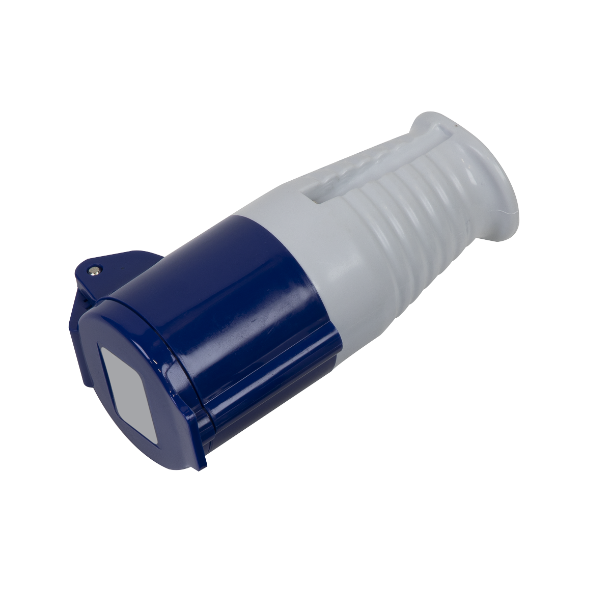 The Blue Socket 230V/16A - WC24016 by Sealey is an electrical connector plug, featuring 2P+E connectors for added reliability and a ribbed handle, shown lying on its side.