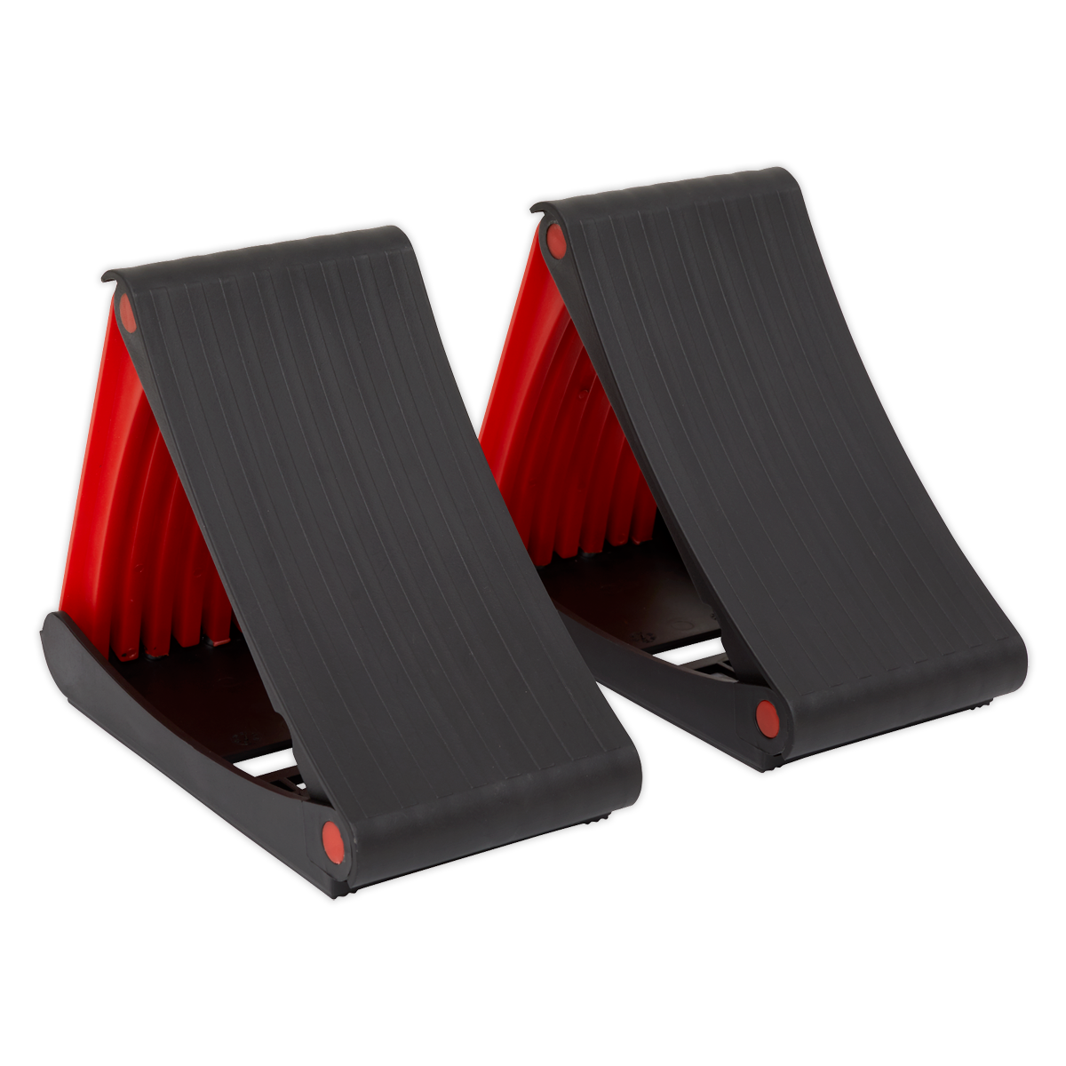 Two black and red Sealey Folding Wheel Chocks - Pair - WCF01, designed for ergonomic support, shown in an open position, perfect for compact storage during an emergency wheel change.