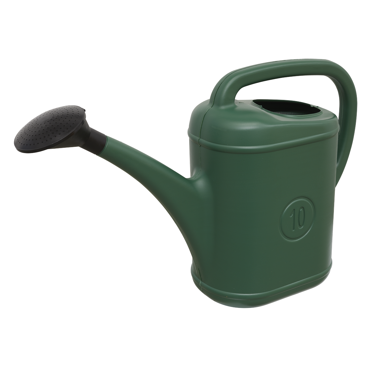 The Sealey Watering Can 10L Plastic - WCP10, featuring a long spout and a black perforated spray nozzle, is displayed against a plain white background. The detachable rose provides versatile watering options.