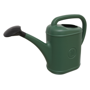 The Sealey Watering Can 10L Plastic - WCP10, featuring a long spout and a black perforated spray nozzle, is displayed against a plain white background. The detachable rose provides versatile watering options.