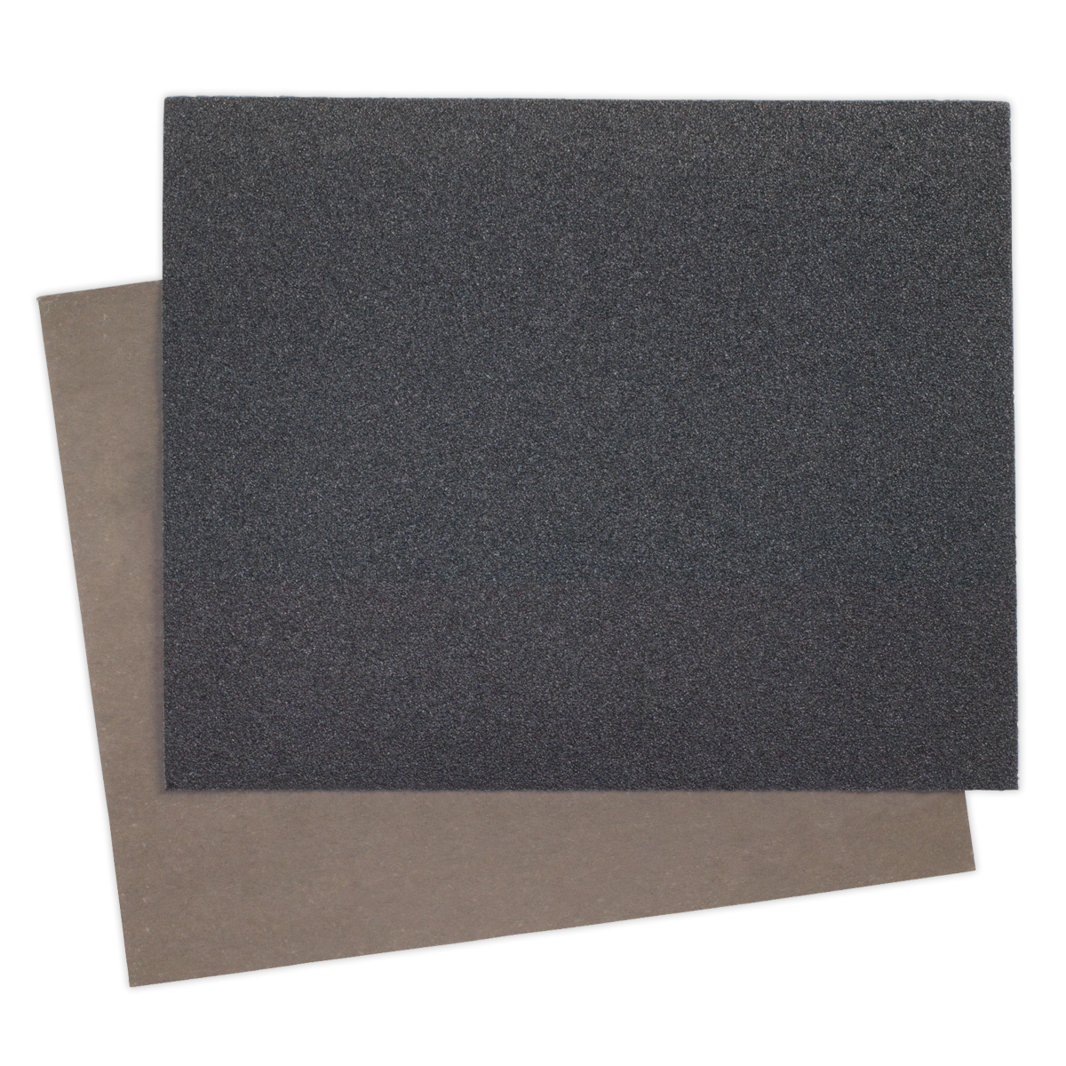 Two rectangular sheets of sandpaper overlap each other, perfect for final sanding. The top sheet is Sealey Wet & Dry Paper 230 x 280mm 1000 Grit Waterproof Paper (WD23281000) in black, while the bottom sheet is gray.