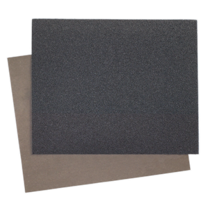 Two rectangular sheets of sandpaper overlap each other, perfect for final sanding. The top sheet is Sealey Wet & Dry Paper 230 x 280mm 1000 Grit Waterproof Paper (WD23281000) in black, while the bottom sheet is gray.